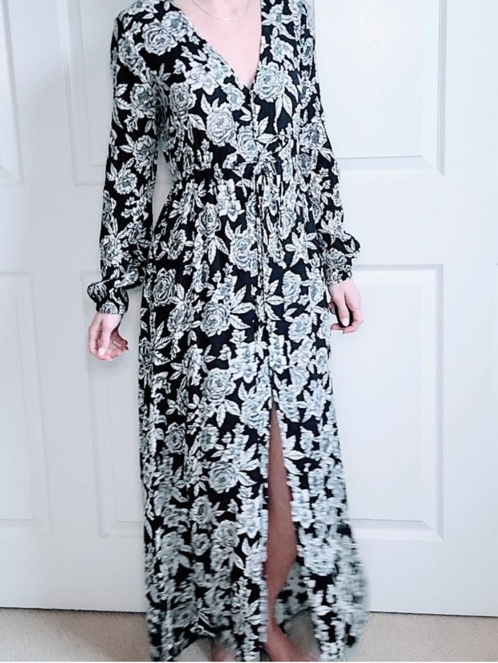 Billabong Black and White Floral Long-Sleeve Wrap Dress